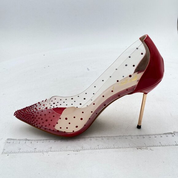 FSJ Red Studded Pointed Toe Transparent Pumps High Heels Shoes - Picture 2 of 8